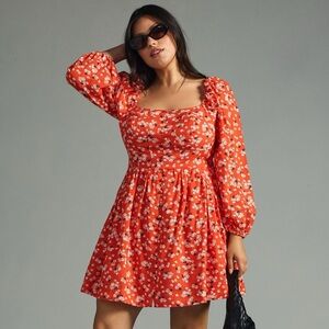 By Anthropology Puff-Sleeve Dress in Red / Orange